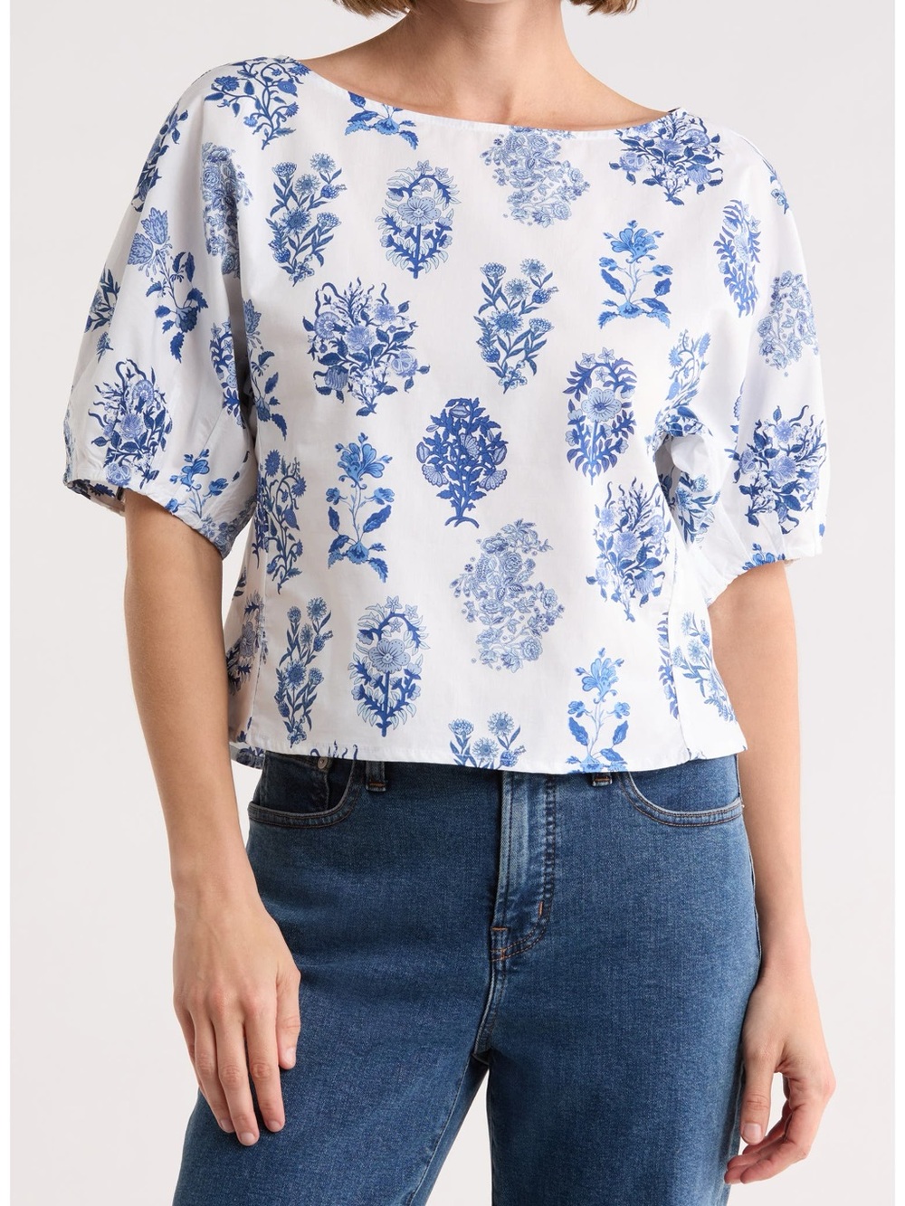 Parker White Top with Blue Floral Print and Puff Sleeves